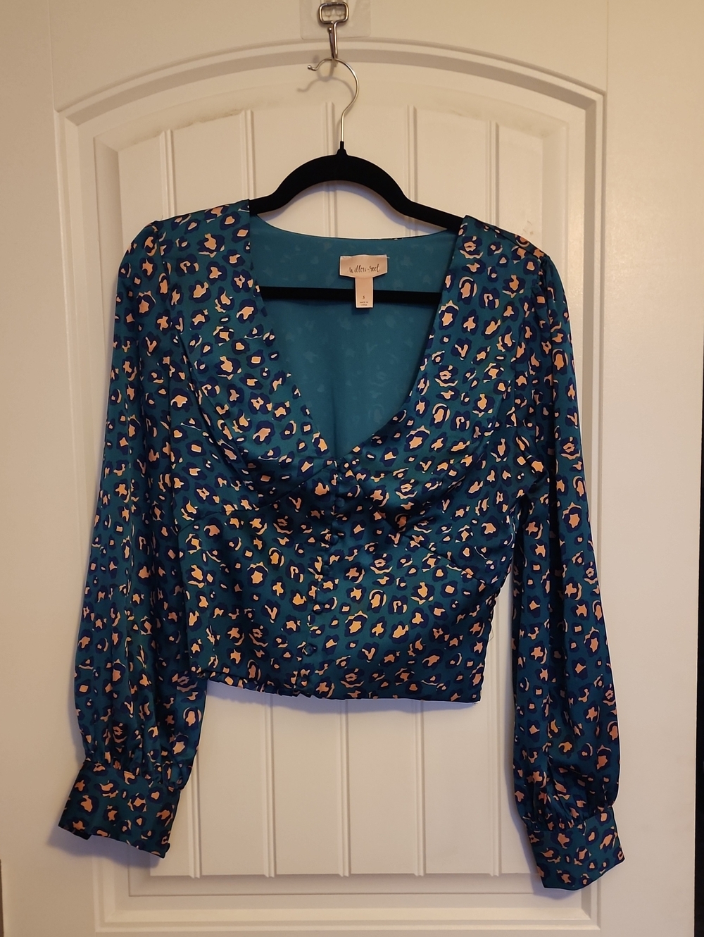 Willow And Root Teal Satin Leopard-Print Long-Sleeve Blouse